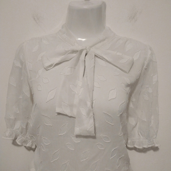 Calvin Klein - Neck Tie Puff Sleeves Sheer Blouse - Picture 3 of 16